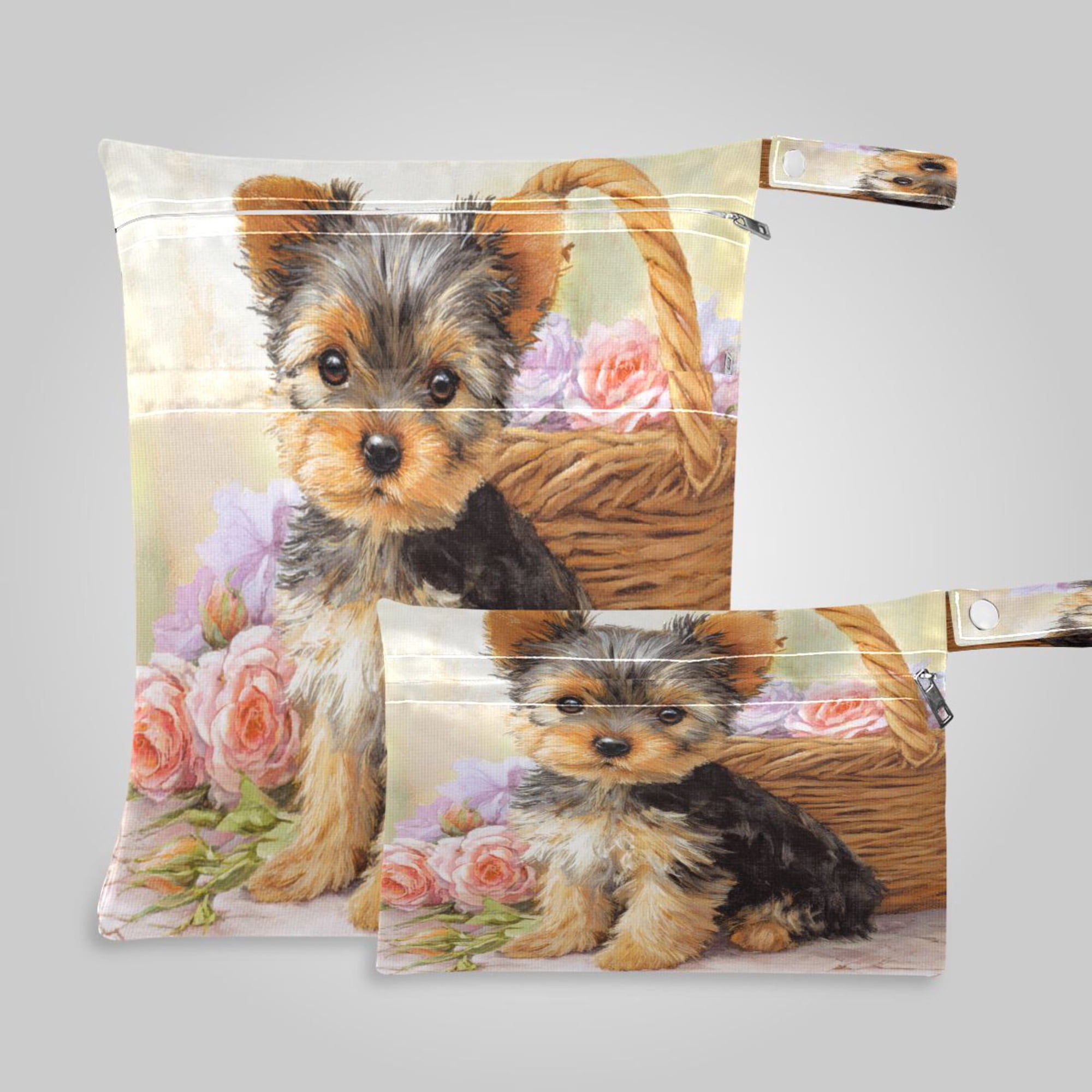 2 Pack Wet Dry Bags,Cute Baby Yorkshire Terrier Pattern Waterproof Reusable Dual Zipper Bags for Swimwear, Gym Clothes, Toiletries, Baby Diapers