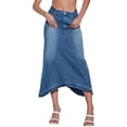thumbnail image 4 of High Waist Blue Washed Women A Line Irregular Hem Long Denim Skirt, 4 of 8