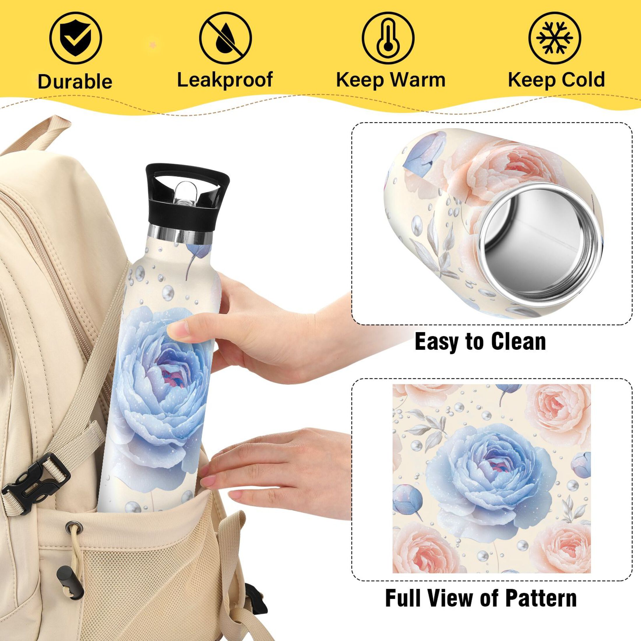 Kids Insulated Stainless Steel Sports Water Bottle 600ml (20oz) Glittering Peonies