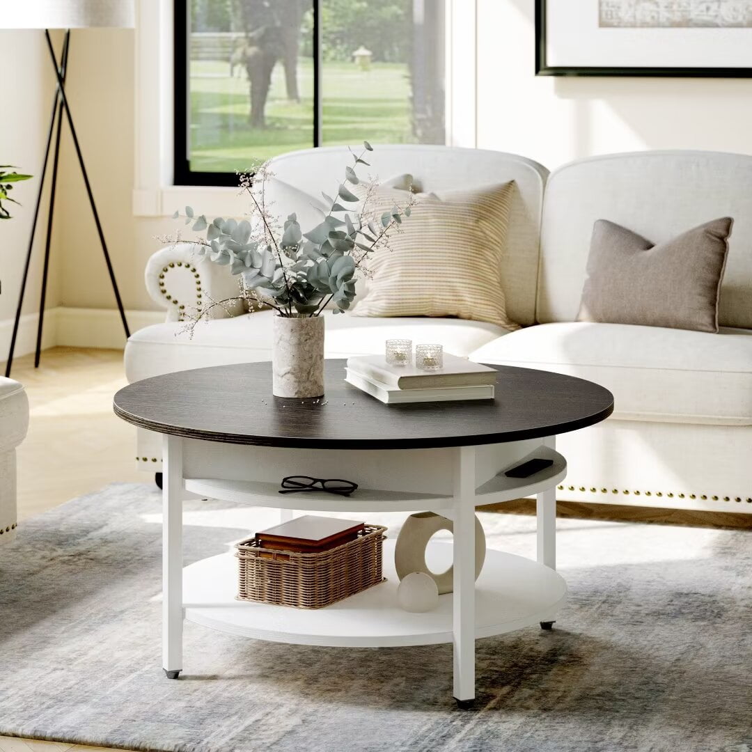 Doveaid Round Lift Top Small Coffee Table with Storage Modern Farmhouse Center Table with Shelf Small 2 Tier Circle Table for Living Room White