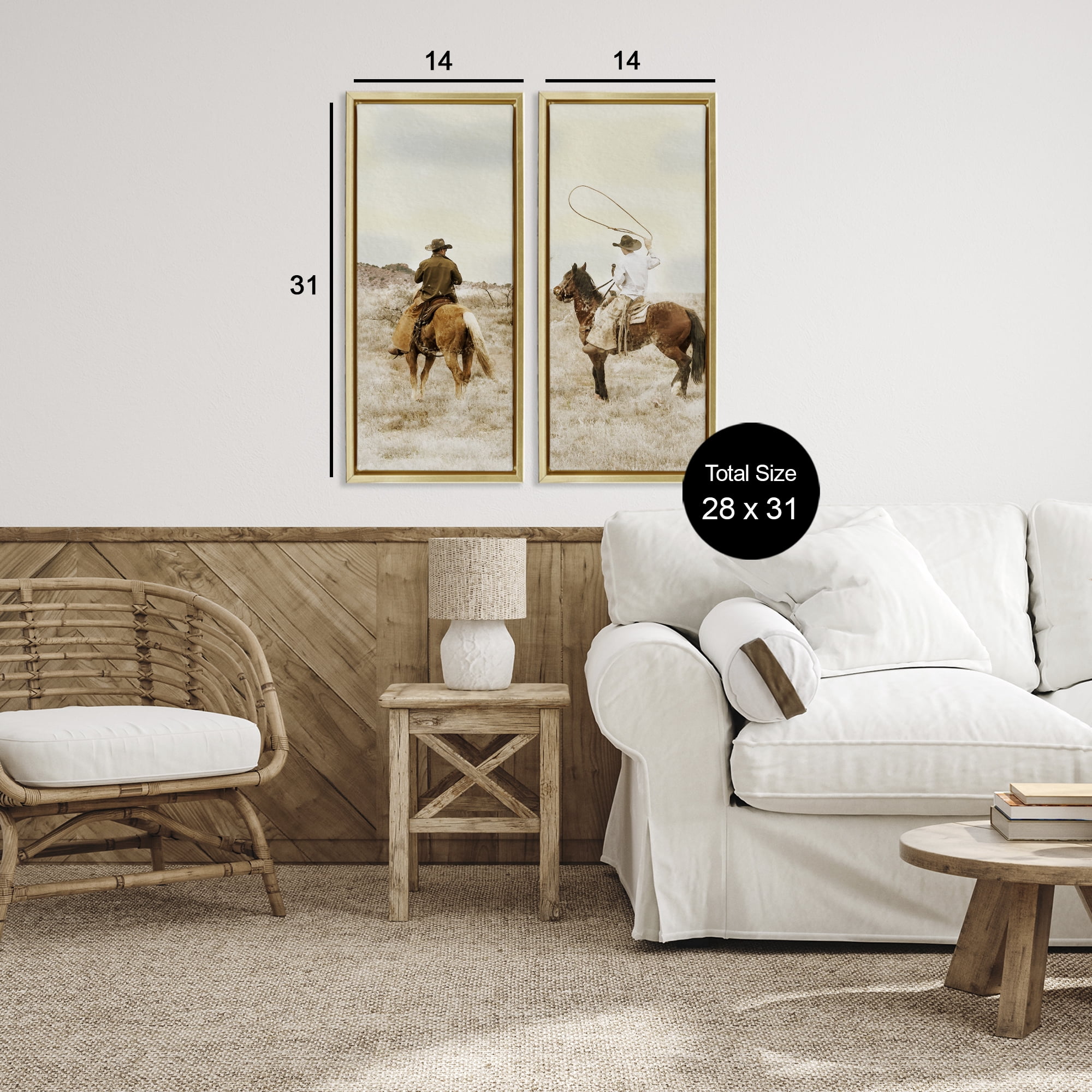 Stupell Industries Wrangling Cowboy Duo 2 Piece Gold Framed Floater Canvas Set, design by Marcus Prime