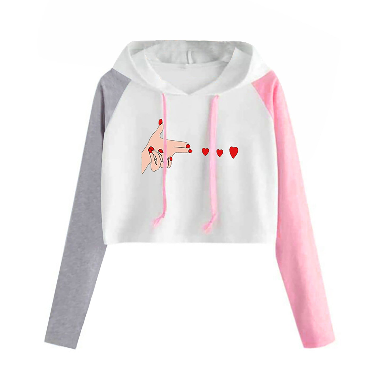 Women s Cat Print Sweatshirt Cropped Color Block Long Sleeve Crop Top Hoodies Teen Girls Comfy Pullover with Hooded Walmart