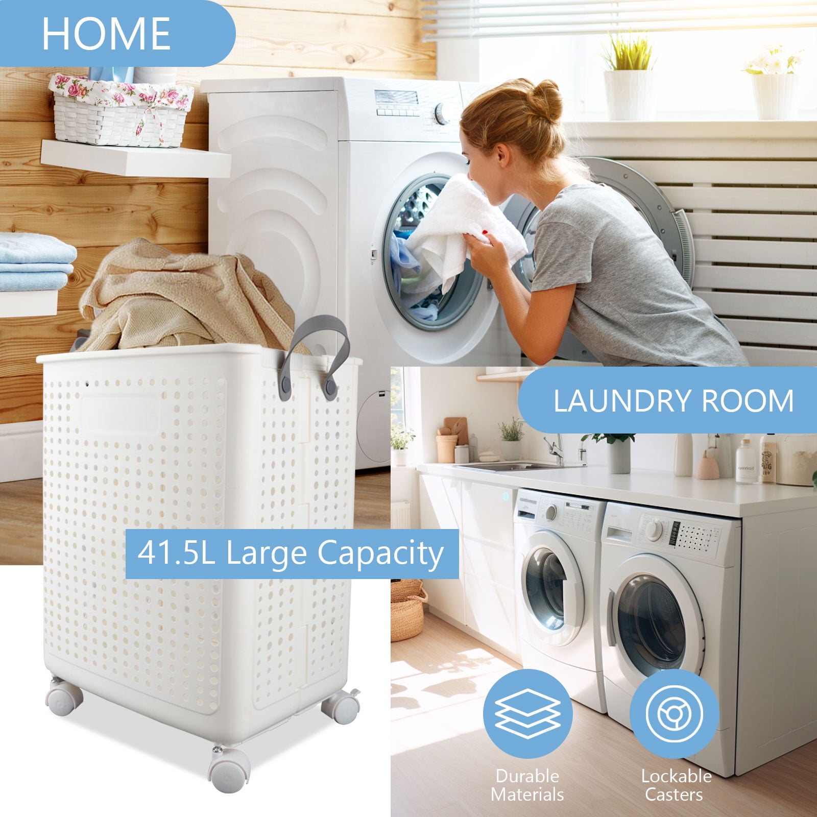 Collapsable Laundry Hamper with Wheels and Lid, 41.5L Rolling Laundry Basket with Handle, Foldable Storage Bins for Corner Bedroom Bathroom