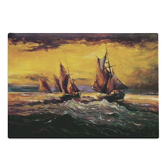 Country Cutting Board, Image of Old Sailboats Ships Cruising in Waves at Sunrise Time Dark Sky Art, Decorative Tempered Glass Cutting and Serving Board, Large Size, Yellow Orange, by Ambesonne