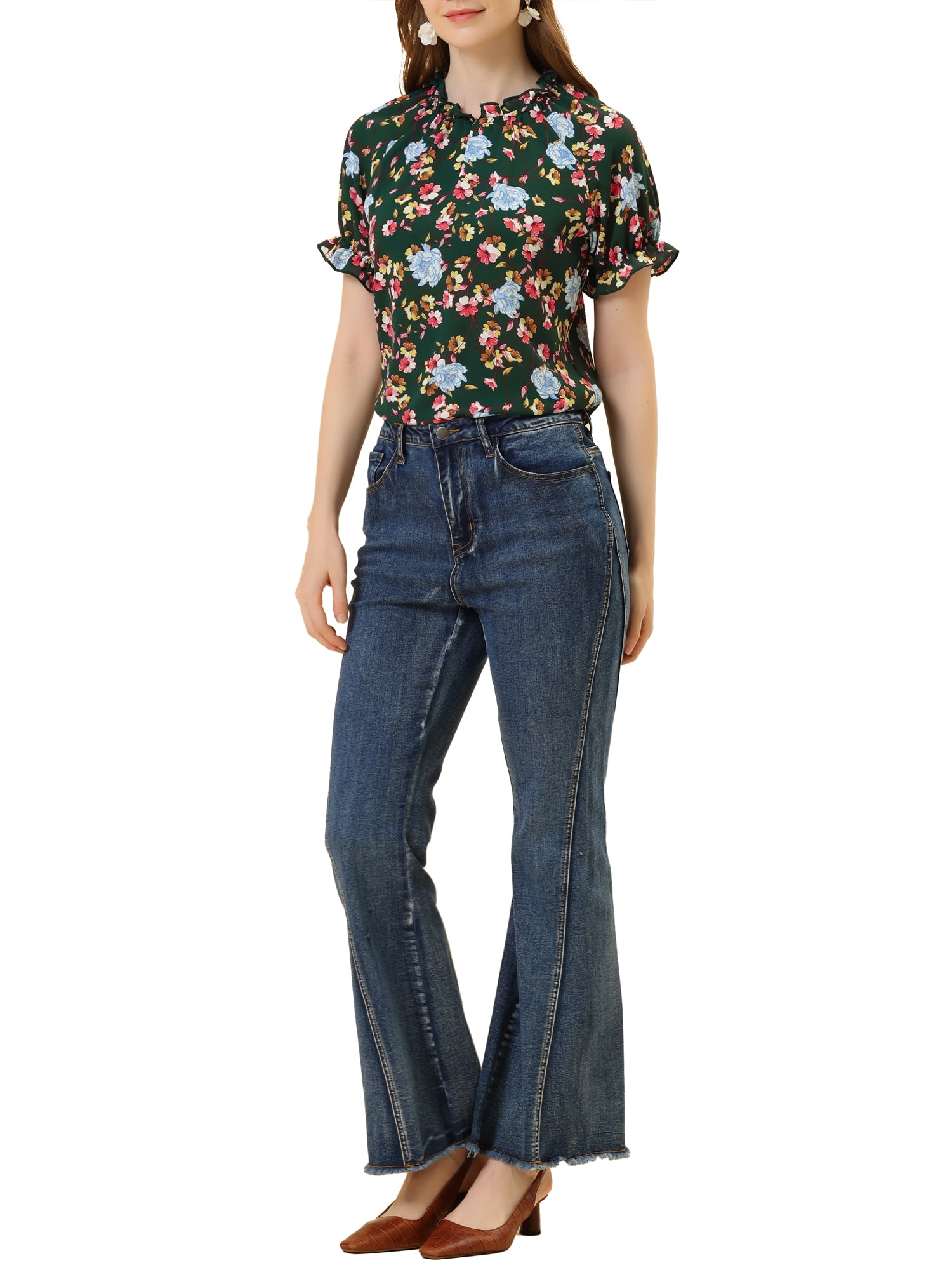 DARING DIVA Women's Floral Ruffled Neck Short Sleeves Top Blouse S Dark Green