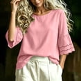thumbnail image 4 of hoksml Women's Cotton Linen Round Neck 3/4 Bell Sleeve Blouse with Eyelet Trim, Loose Fit Casual Summer Daily Wear Top, 4 of 7
