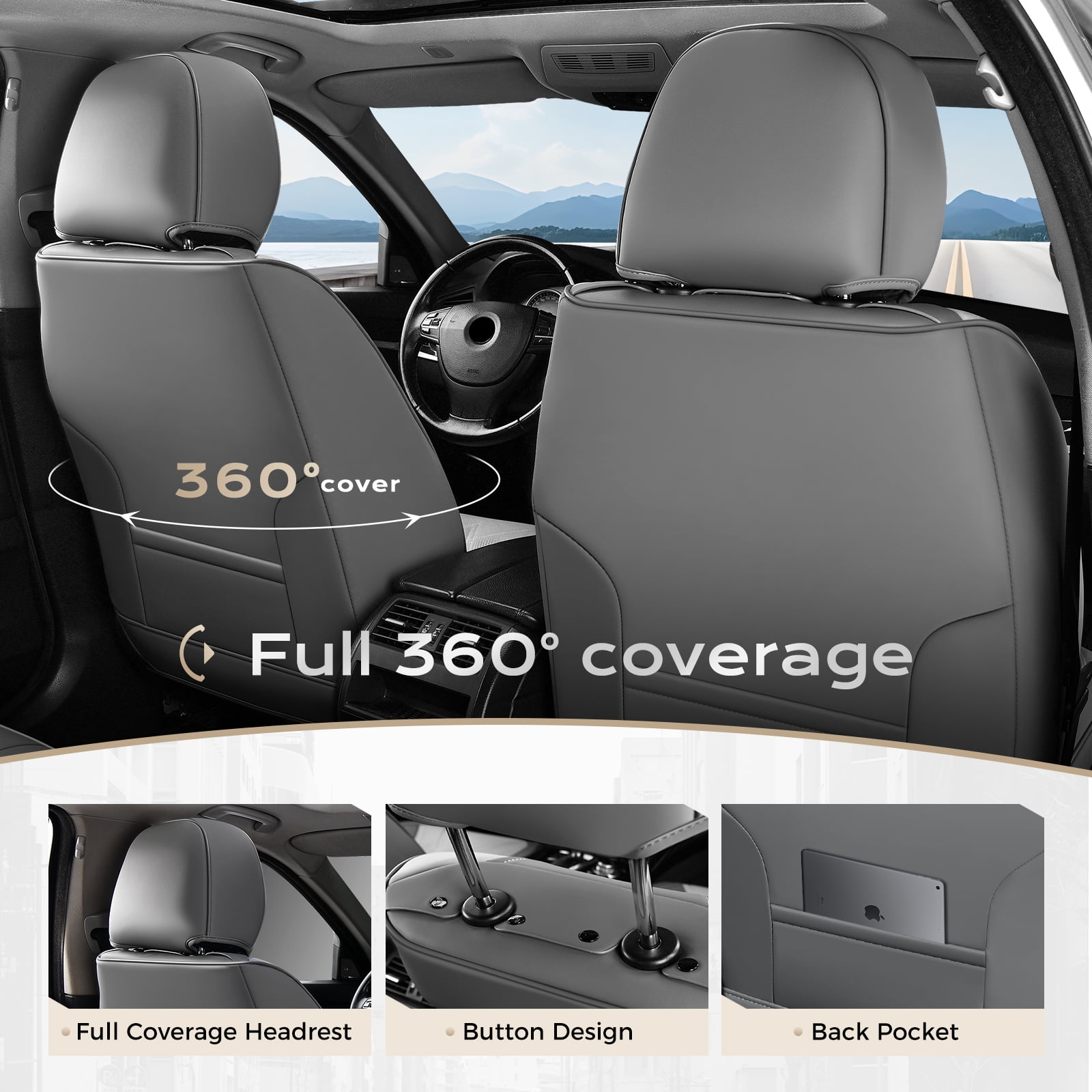 Coverado Front Covers For Cars, Waterproof Faux Leather Seat Protectors 2 Seats, Auto Cushions Universal Fit for Most Cars, Gray