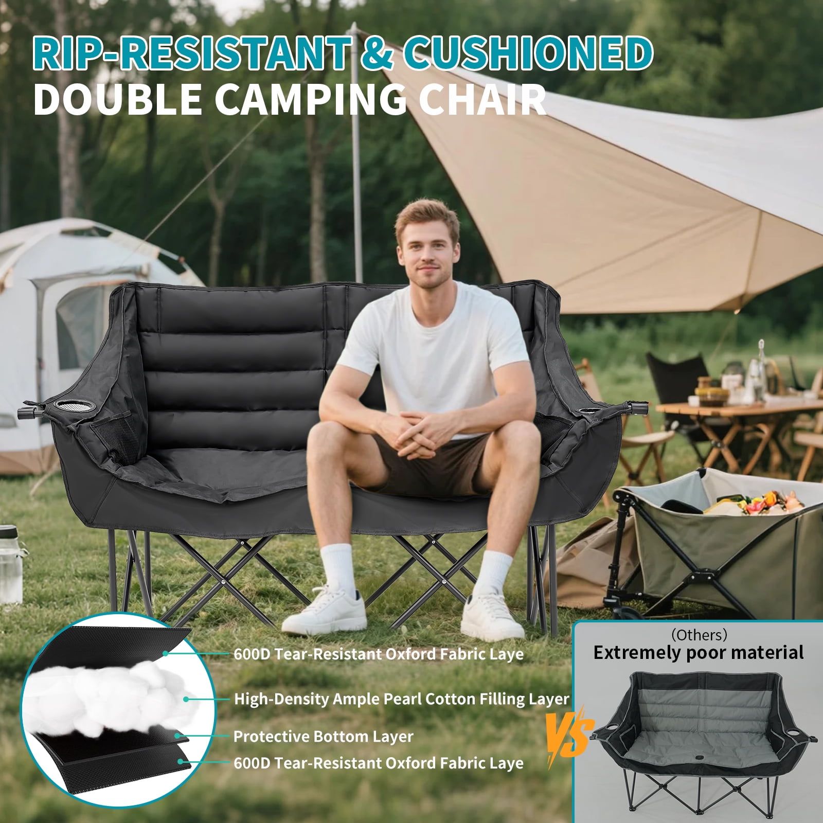 ABORON Oversized Double Camping Chair, Folding 2 Person Camping Chair Loveseat, Fully Padded Duo Chair Camping Couch, Portable Double Camp Chair, Lawn Chairs, Camping Bench with Carrying Bag