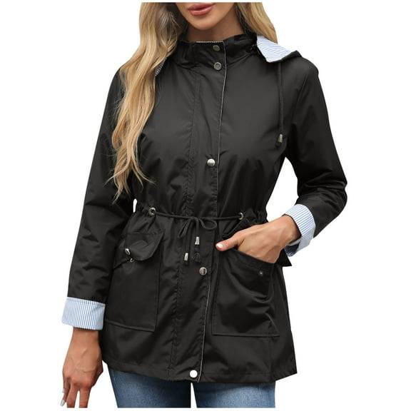 wdsxpo Women Rain Jacket Lightweight Waterproof Raincoat Lined Outdoor Hooded Windbreaker Trench Coat Fashion Hoodies Outerwear