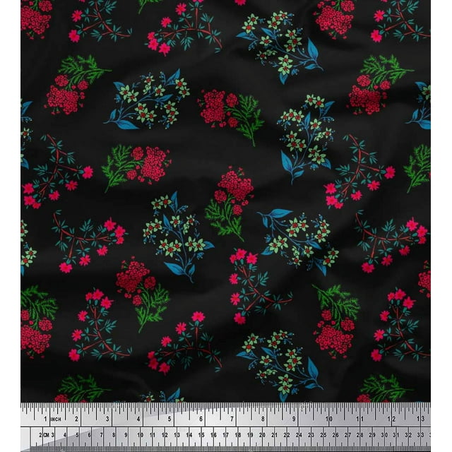 Soimoi polyester Crepe Fabric Leaves & Pink Flower Floral Print Fabric by the Yard 42 Inch Wide