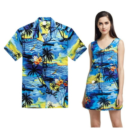 Slip Joint Tee - Couple Matching Hawaiian Luau Outfit Aloha Shirt Tunic Slip On Dress in Sunset Blue Men L Women L