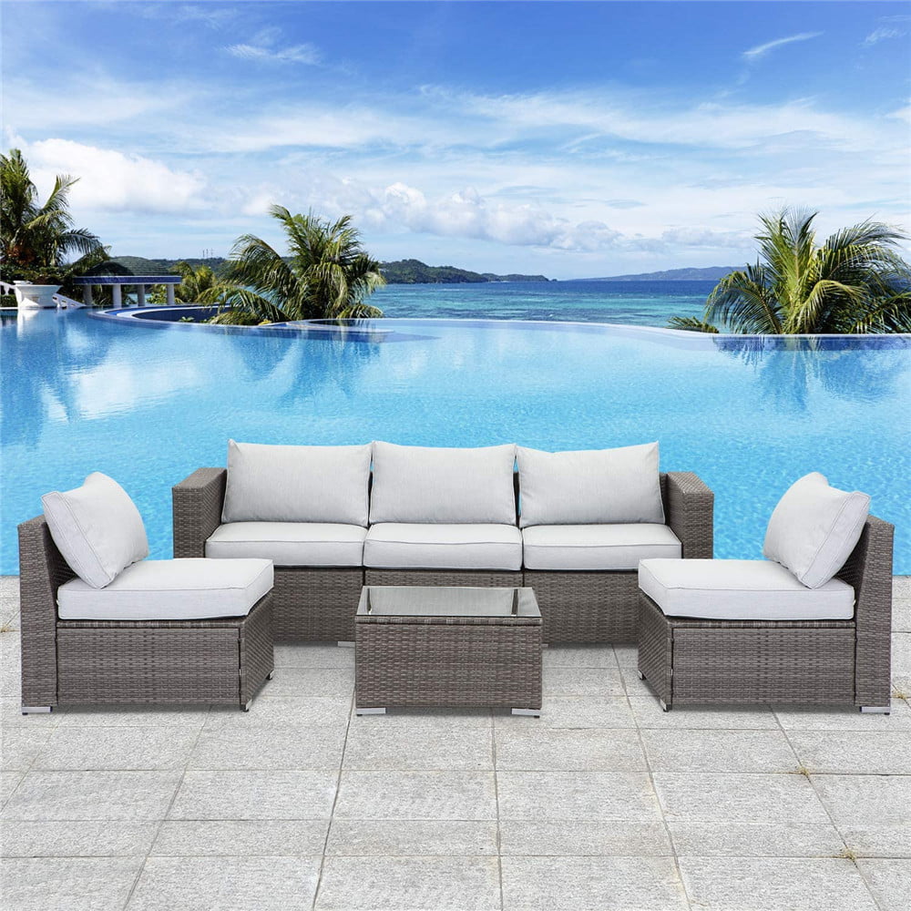6PCS Patio Furniture Set - All-Weather Wicker Outdoor Sectional Rattan