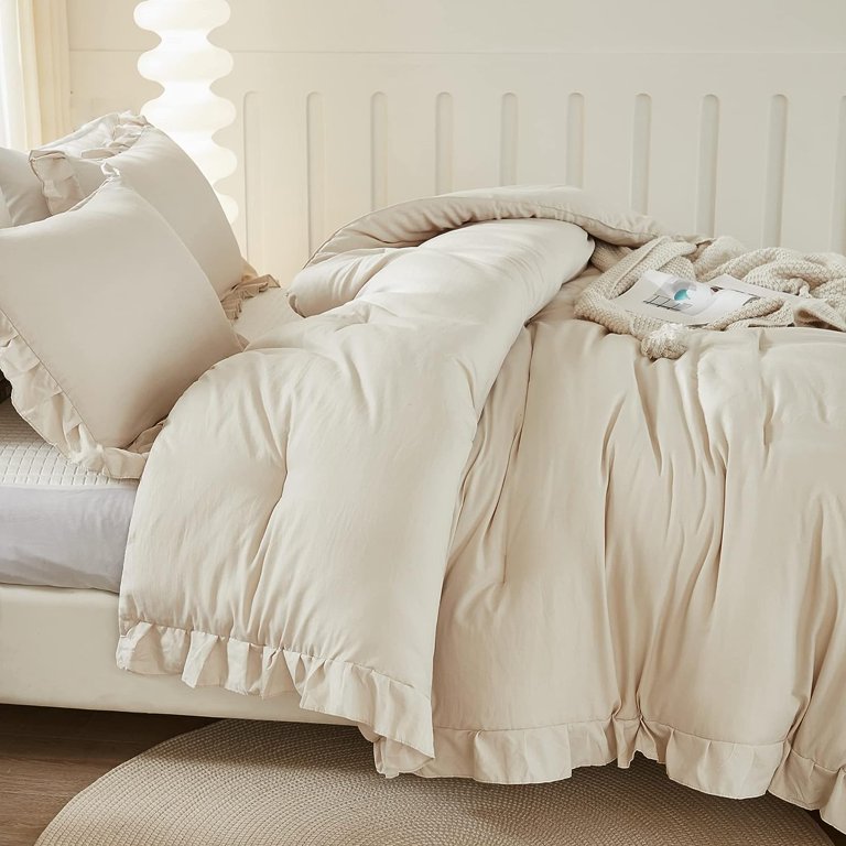 Farmhouse Chic Full Comforter Set Beige, 3-Piece Ruffle Aesthetic