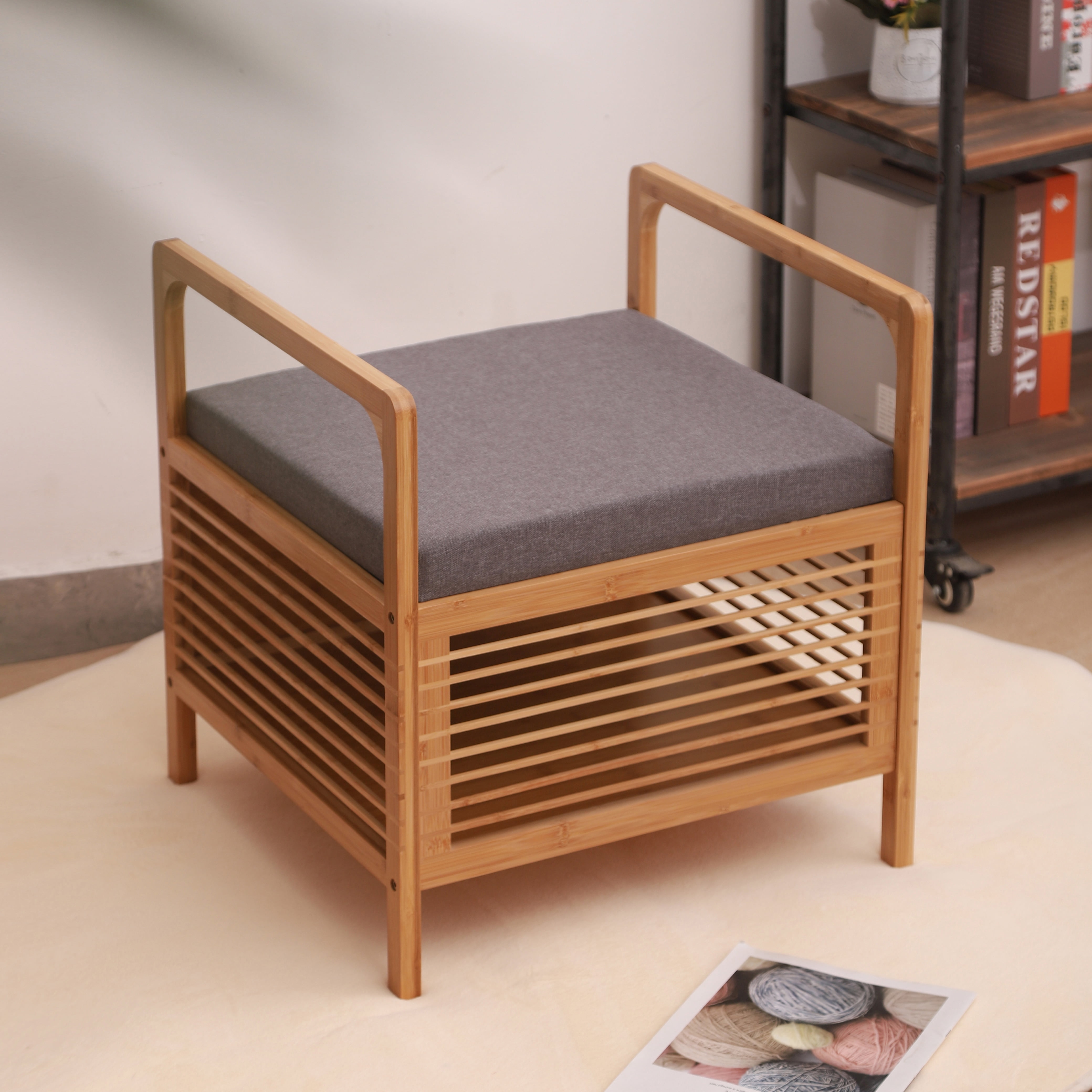 Proman Products SH17236 Cambridge Bamboo Square Storage Shoe bench, Natural, 19.5" W x 19.5" D x 21.5" H