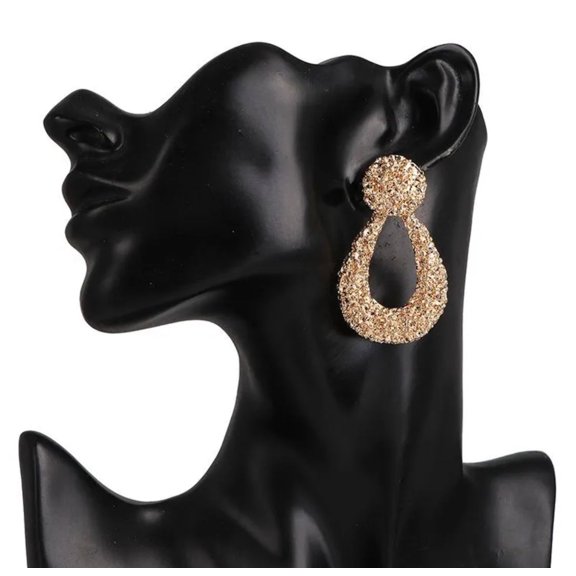 Trendy 2 1/4" gold pierced textured dangle teardrop earrings