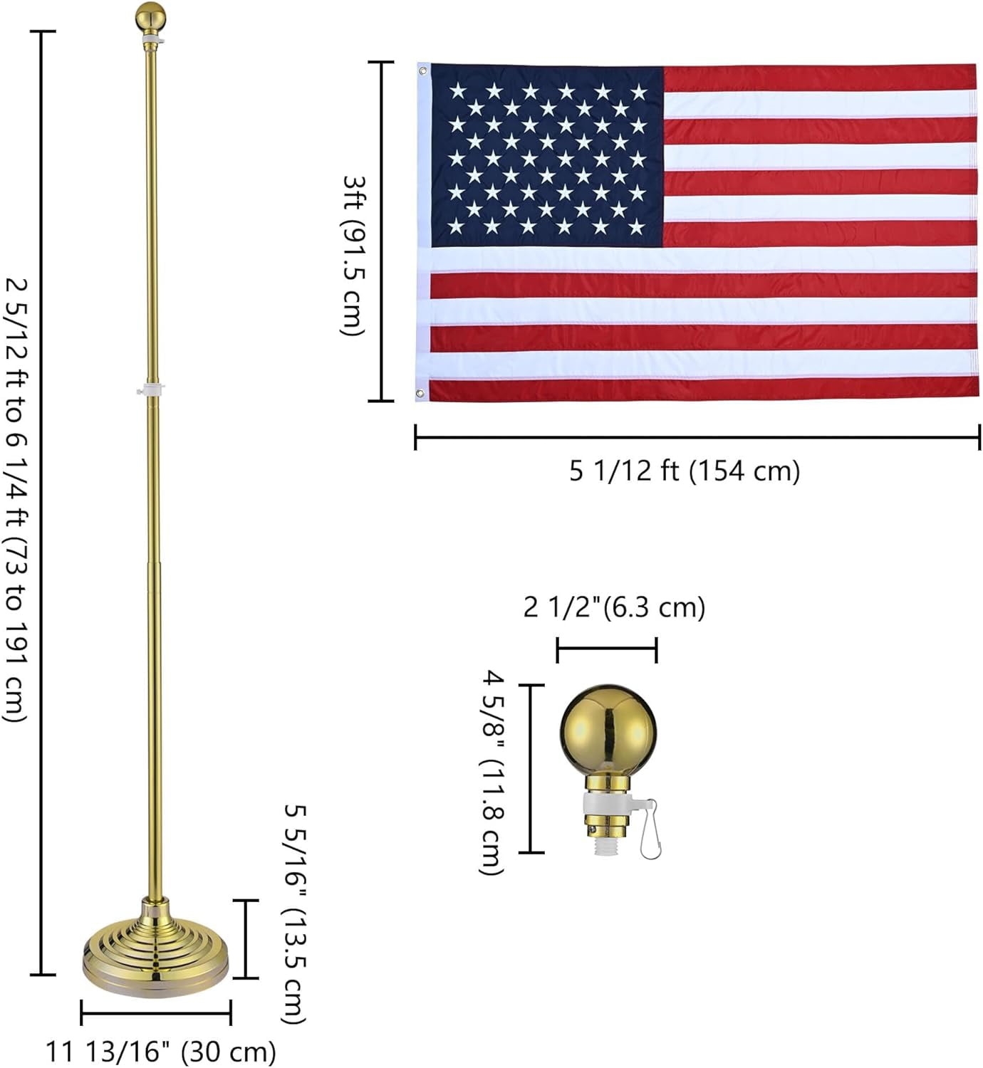 Yescom 6FT Telescoping Indoor Flag Pole Kit Aluminum Gold Pole Ball Topper with 3x5Ft Embroidered Stars US Flag & Base Stand Office