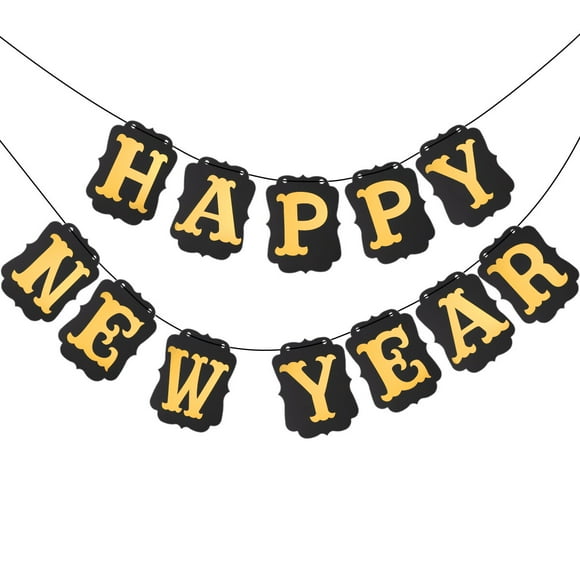 FRCOLOR Fanion 3 Mètres Bonne Année Bannière en Papier Décorations Bannière Suspendue Signes Dorés pour Fête du Nouvel An (Bannière Noire Lettre Dorée), 4.92"X0.02"X6.3"