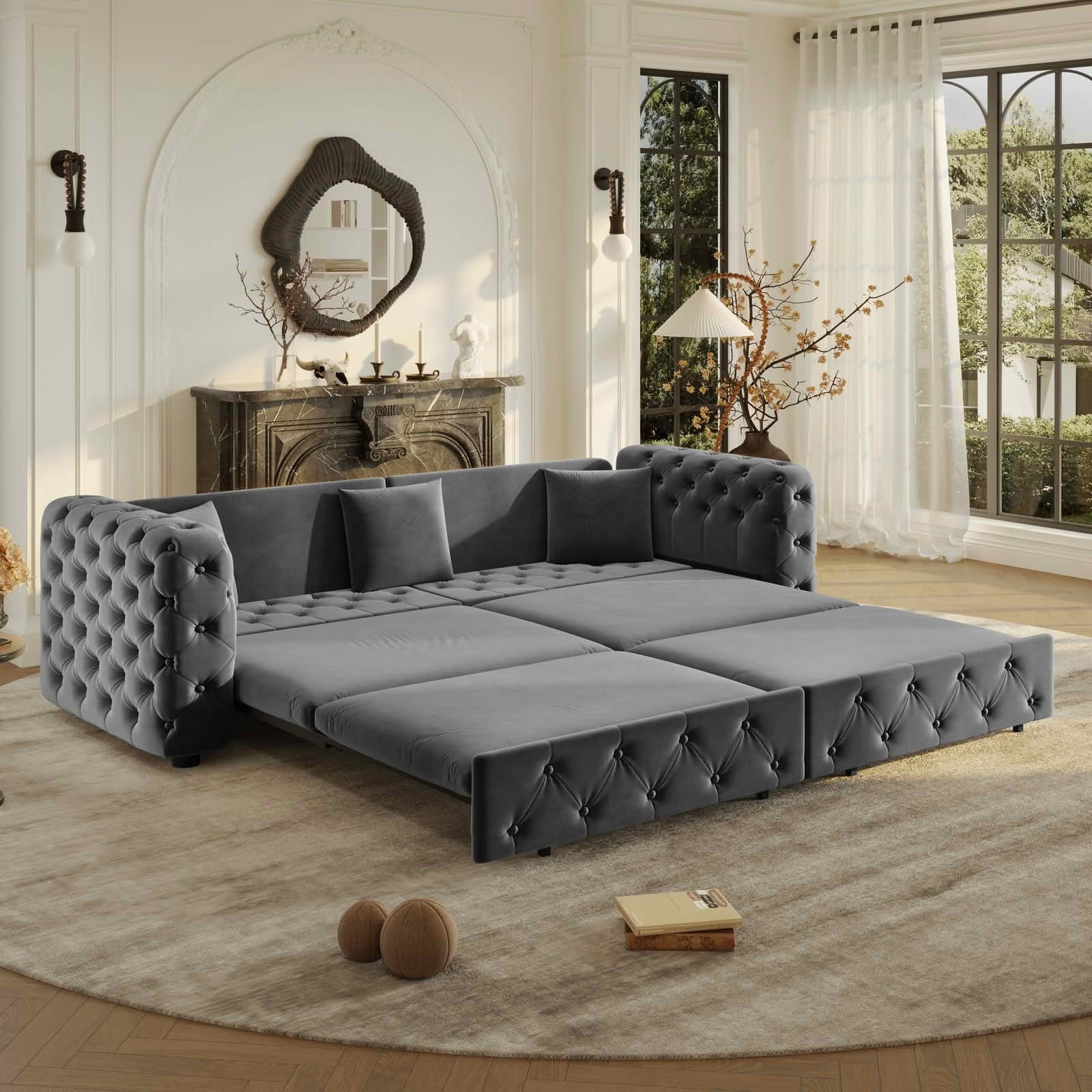 MAYEERTY 89" 4‑Seater 3‑in‑1 Pull‑Out Velvet Sofa Bed, Classic Tufted Multifunctional Couch with 3 Throw Pillows for Apartment & Living Room