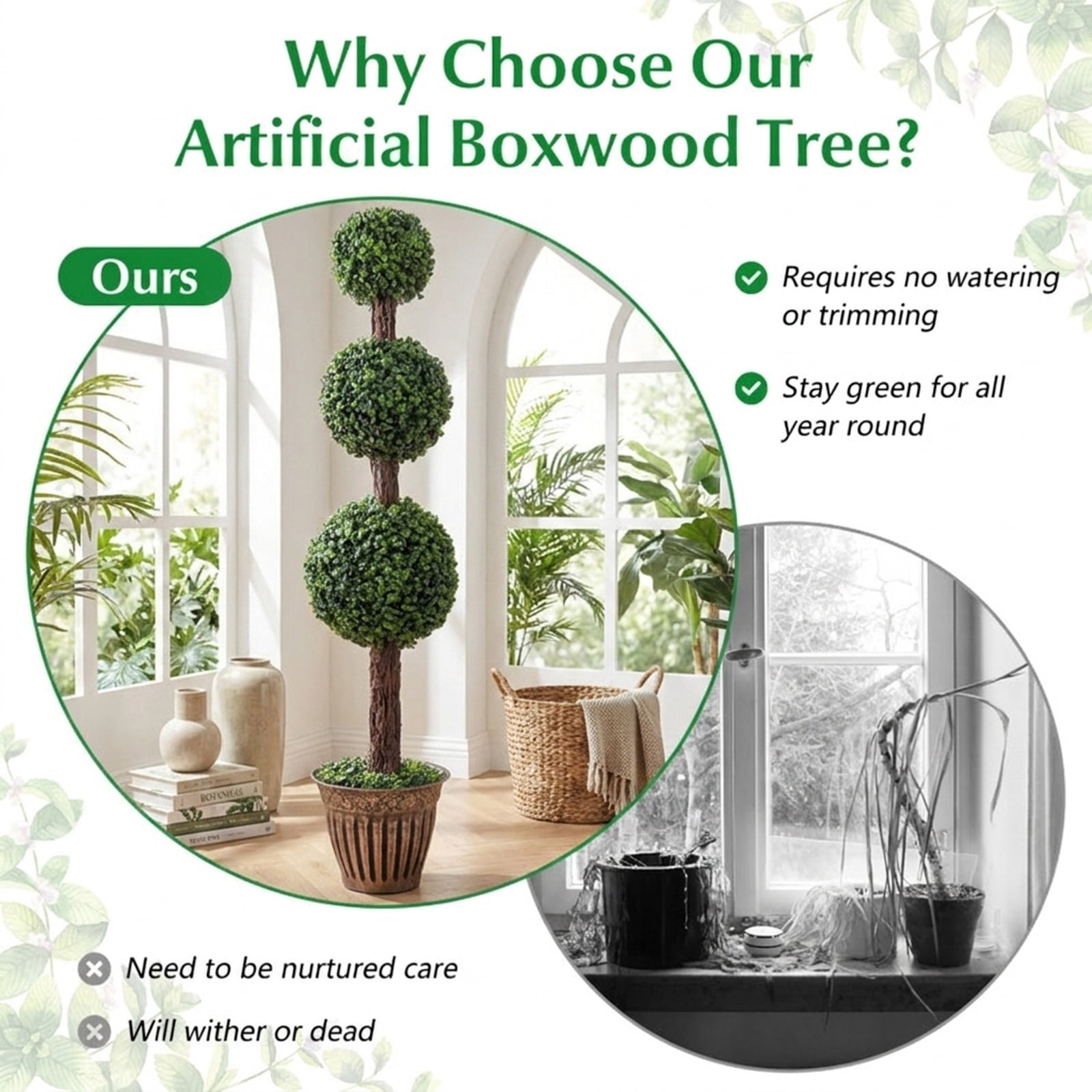 Vebreda Artificial Plant Decor, 4 FT Artificial Triple Ball Boxwood Tree with Cement-filled Retro Planter, Realistic & Inviting Appearance