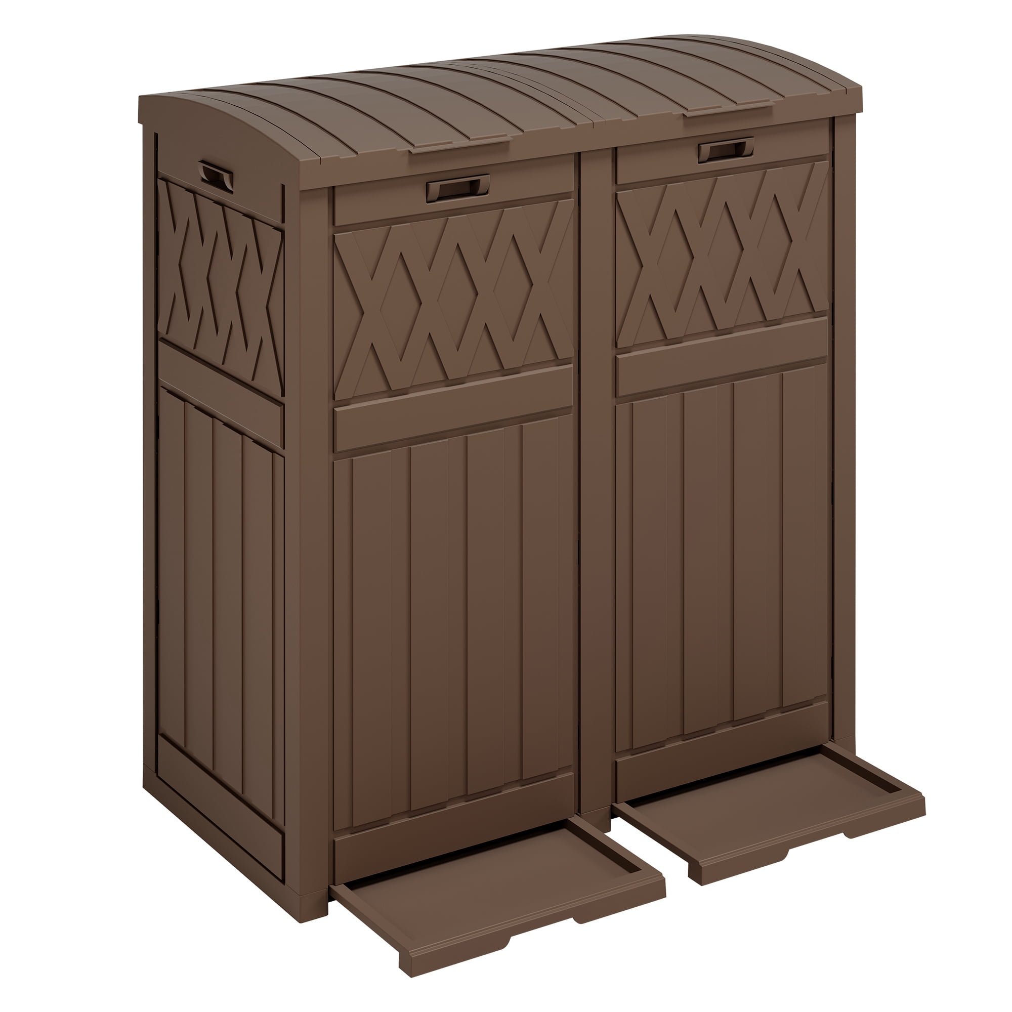 Uforic 62 Gallon Double Compartment Outdoor Trash Can, Waterproof Resin Garbage Bin with Tiered Lid & Drip Tray for Patio, Deck, Backyard, Dark Brown