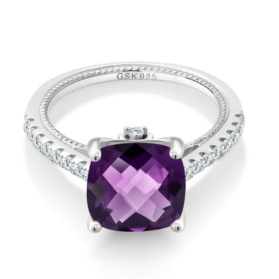 Gem Stone King 925 Sterling Silver Purple Amethyst and White Created Sapphire Women Ring (3.27 Ct Cushion Checkerboard Cut, Gemstone Birthstone, Size 5)