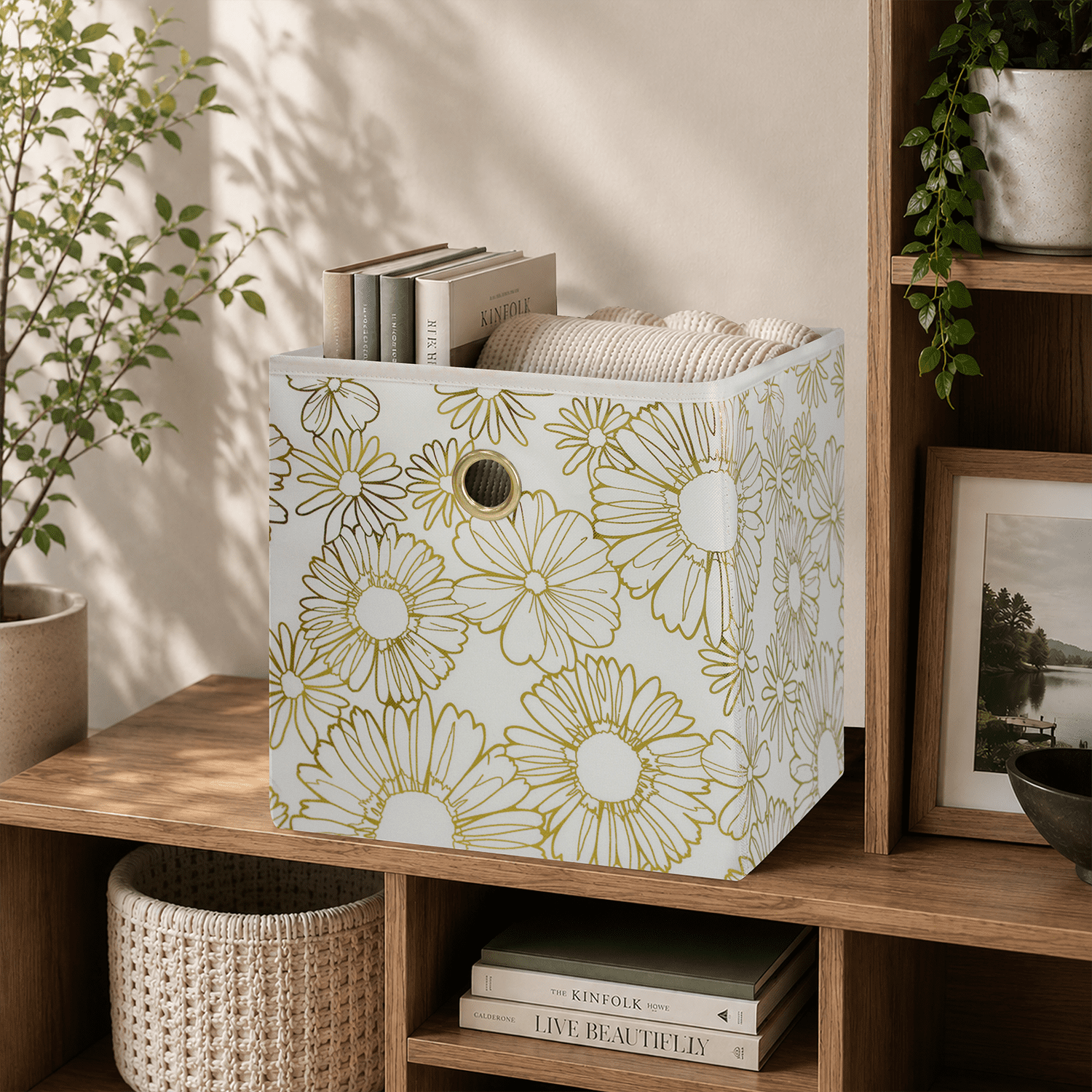 (2 pack) Mainstays Gold Metallic Collapsible Fabric Cube Storage Bin with Metal Grommet Handle