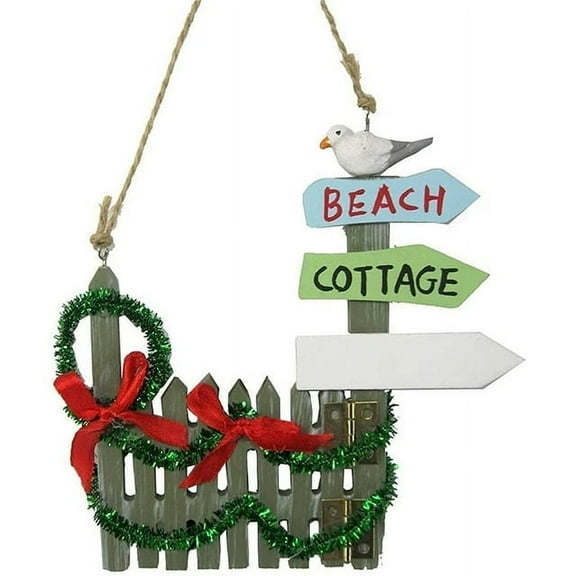 Picket Beach Fence Ornament With Garland and Wreath