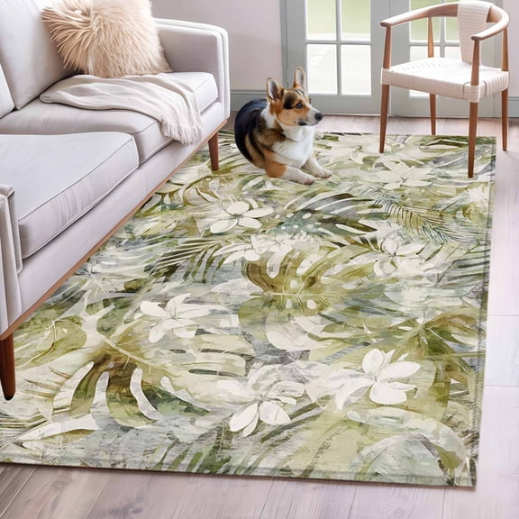 Rectangle Area Rugs 3 x 5 Ft, Tropical Leaf Non-Slip Residential Carpet, Palm Leaves Plants Vintage Spring Green Indoor Crawling Mats Runner Rugs for Living Room/Dining Room/Bedroom