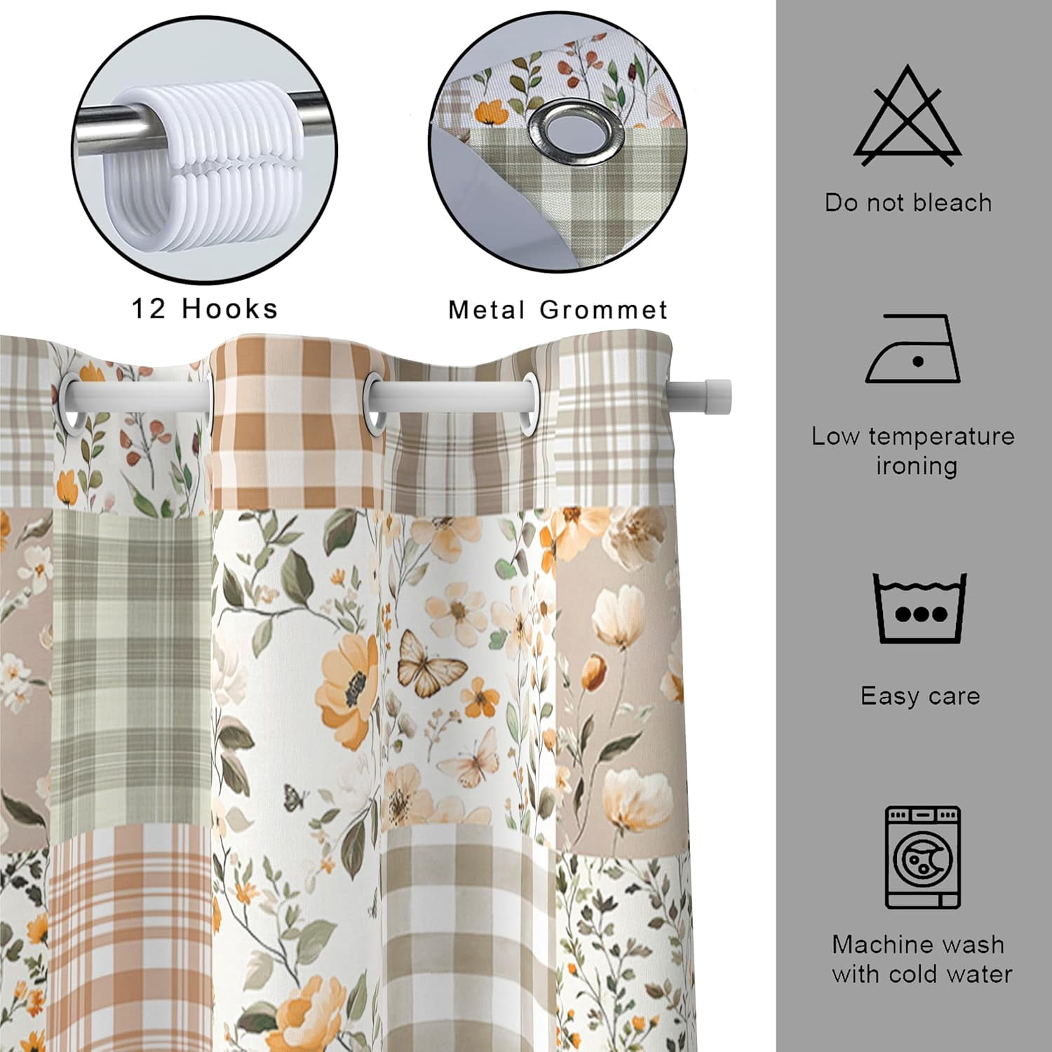 Cute Plaid Floral Shower Curtain, Boho Sage Green Flower Fabric Shower Curtains for Bathroom, Retro Pink Flower Checkered Patchwork Bath Curtain Set Washable Waterproof with 12Hooks 72X72IN