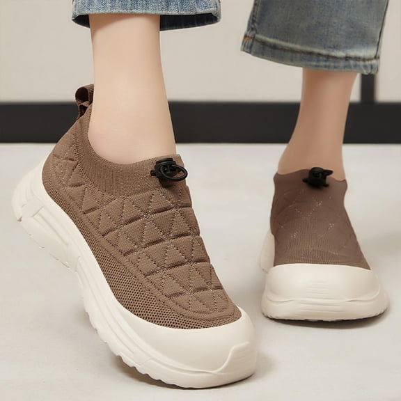 Women's Orthopedic Arch Support Wide Width Walking Shoes,Protective Toe Cap Non-Slip Thick Sole Breathable Knit Drawstring Slip On Casual Sneakers