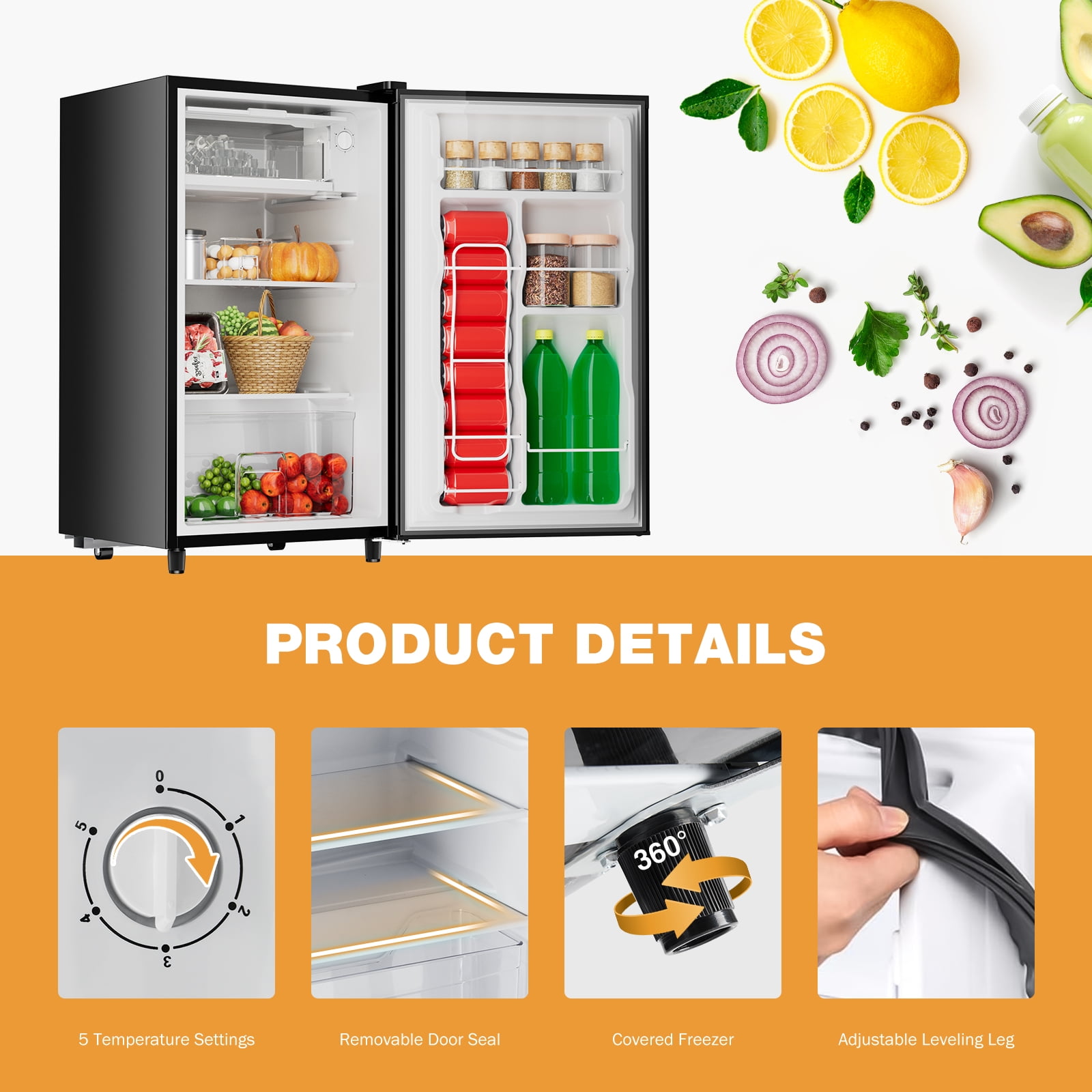 JIOABL 3.2 Cu. Ft. Refrigerator with Freezer, Low Noise, Adjustable Temp, Ideal for Dorms & Offices, Black
