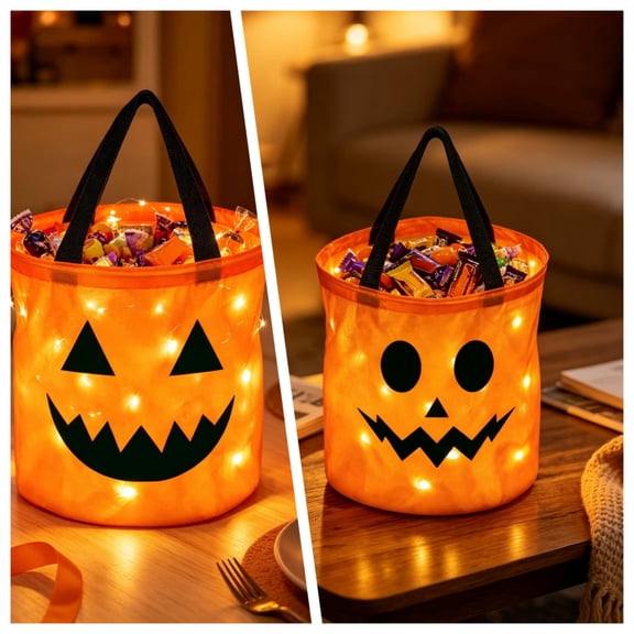 Halloween Light Up Pumpkin Candy Basket - LED Glowing Candy Bucket with Handle, Reusable Orange Halloween Trick or Treat Bucket for Boys and Girls