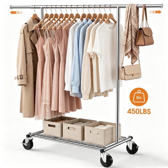 UNTIMATY 450 lbs Heavy Duty Clothes Rack, 44-69.3" Adjustable Rolling Garment Rack on Wheels, Metal Closet Organizer for Bedroom Laundry, Silver
