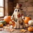 thumbnail image 3 of Vintage Halloween Ghost Decoration with Pumpkin Bucket - ic Patchwork Standing Ghost Figurine with Top Hat, Primitive Fabric Ghost for Tabletop, Mantel, Indoor Home Halloween Fall Decor A, 3 of 7