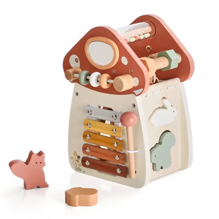 Wooden Activity Cube 11-in-1 Montessori Sensory Toys for 18+ Months Toddlers Multipurpose Educational Busy Board Perfect First Birthday Gift for Boys & Girls(Mushroom))