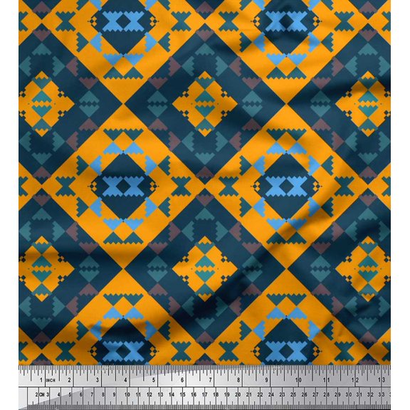 Soimoi Orange Silk Fabric Check & Geometric Printed Fabric 1 Yard 42 Inch Wide