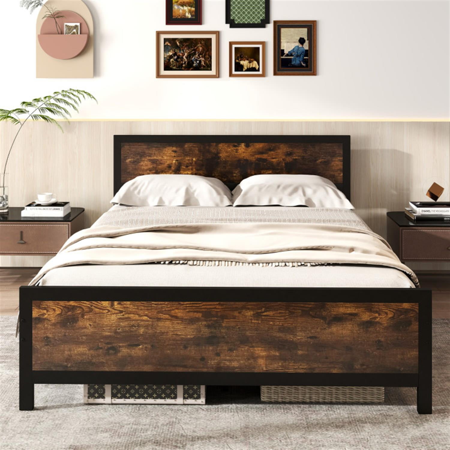 Demi Bonn Queen Size Bed Frame with Headboard and Footboard, Modern Metal Platform Bed Frame with Under Bed Storage, No Box Spring Needed, Brown