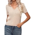 thumbnail image 3 of Women's V Neck Short Sleeve Collared Cable Sweaters Tops Solid Knit Soft Pullover Shirt Top for Casual Khaki S, 3 of 10