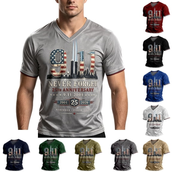 LNZGNM 9/11 Memorial T-shirts for Men Short Sleeve Crew Neck Anniversary Casual Soft with Wrinkle Free Top Easy Comfort Look,Dark Green(XXXL)