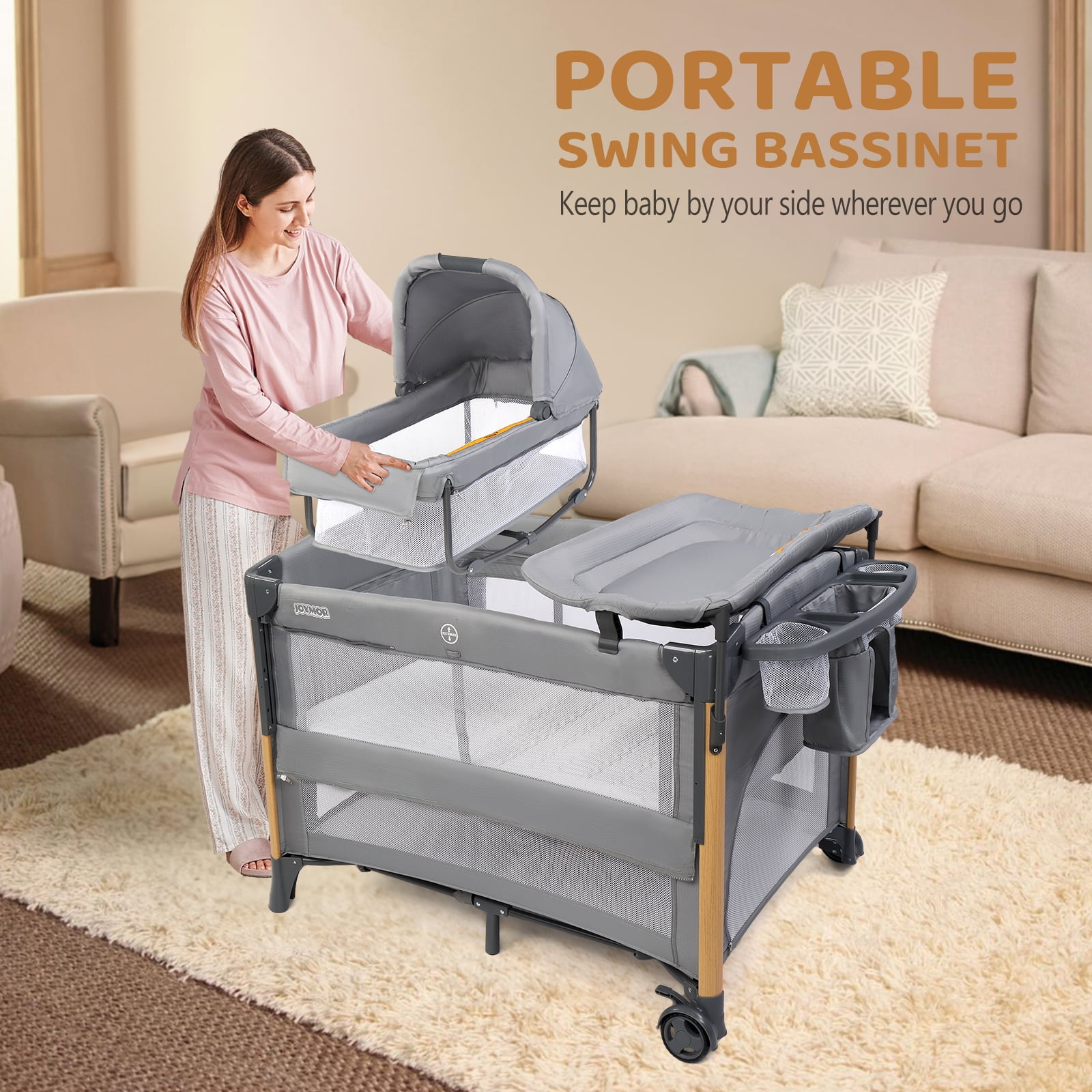 JOYMOR All in One Nursery Center,Bassinet with Changing Table,Mattress,Sheet,Unisex Infant