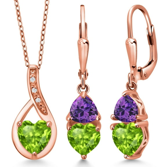 Gem Stone King 18K Rose Gold Plated Silver Green Peridot and Purple Amethyst Pendant Earrings Set for Women (3.53 Cttw, Gemstone August Birthstone, with 18 inch Chain)