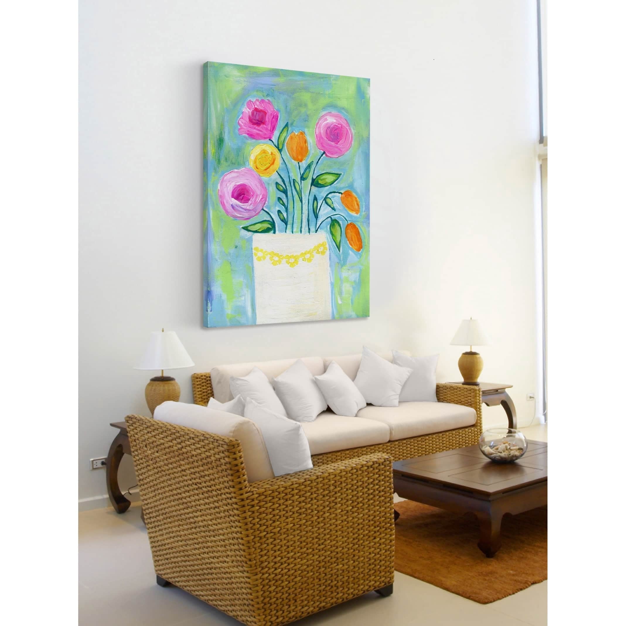 Marmont Hill "Flowers White Vase" by Jill Lambert Painting Print on Wrapped Canvas