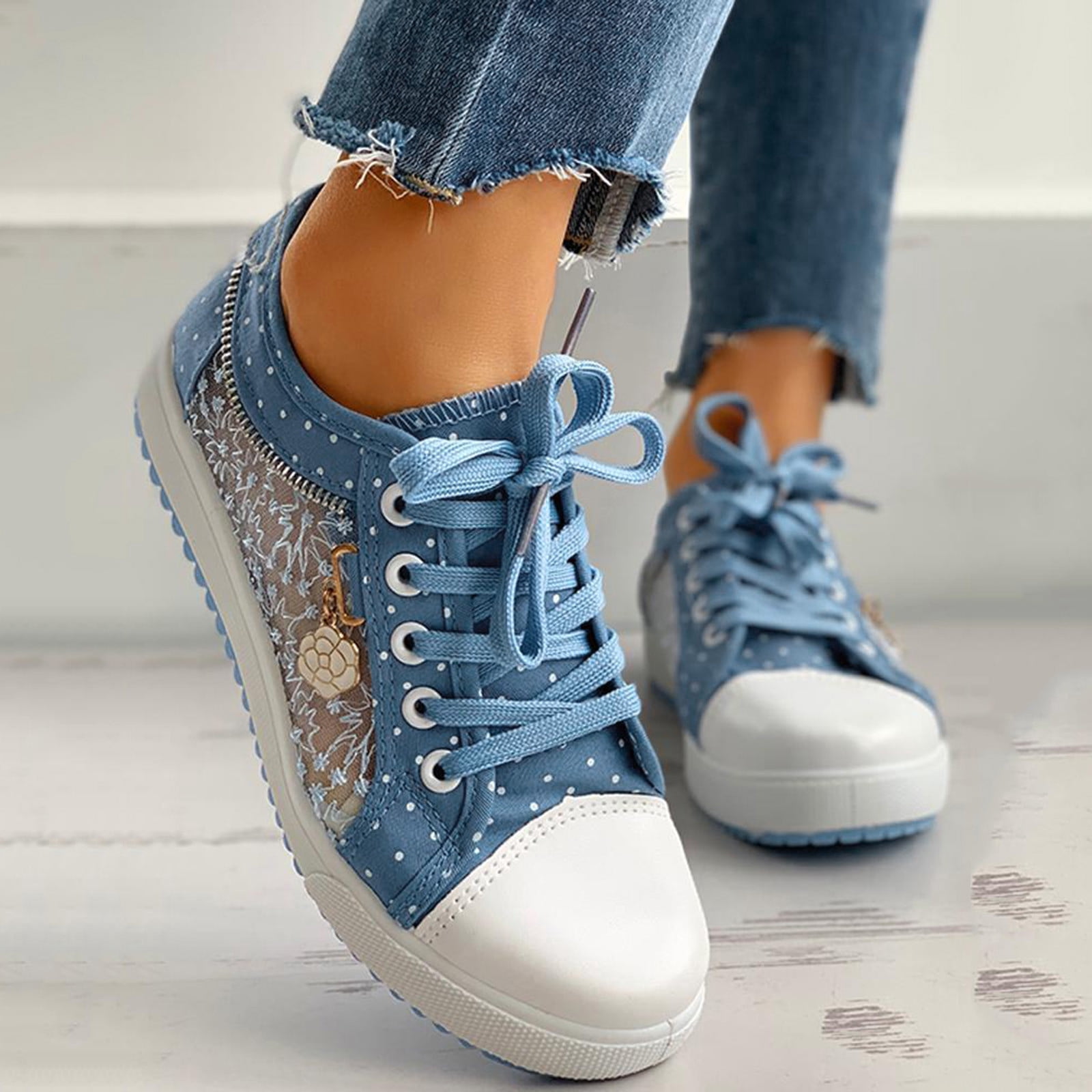 Blphud Women's Tennis Shoes Summer Shoes for Women 2024 Casual Mesh Up out Pattern Lace Casual Shoes Fashion Floral Hollow Women's Lace Women's Casual Shoes Womens Sneakers Sky Blue 37