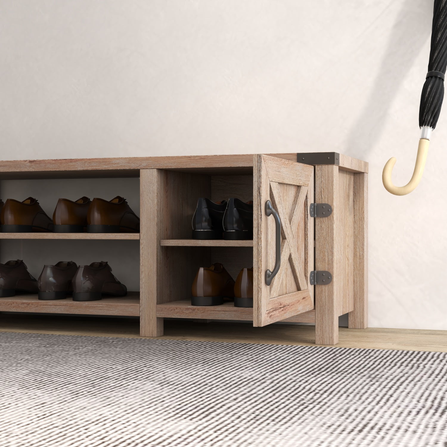 Kadyn Modern Farmhouse Shoes Bench, Particle Board Bench for Entryway Living Room, Light Brown Shoes Bench, Tobacco Wood, Without Seat Cushion