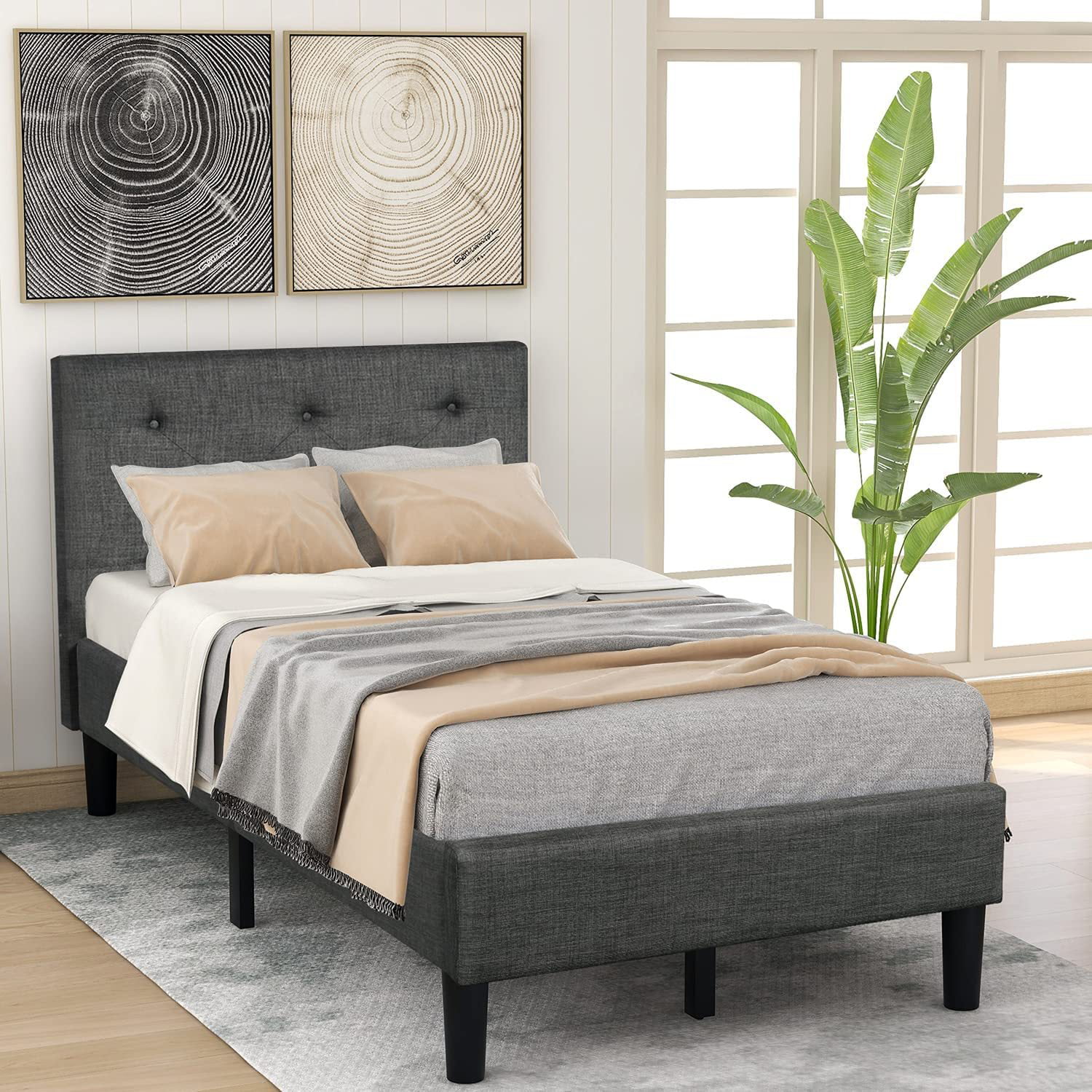 Rose Linen Tufted Upholstered Platform, Queen Gray Tufted Headboard And Footboard