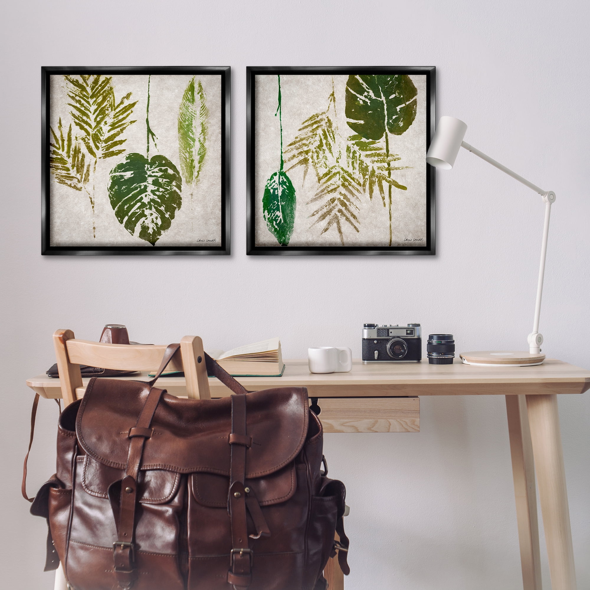 Stupell Industries Monstera Stamped Palm Leaves Plants & Flowers Painting Black Floater Framed Canvas Art Print Wall Art, 25 x 25, Set of 2