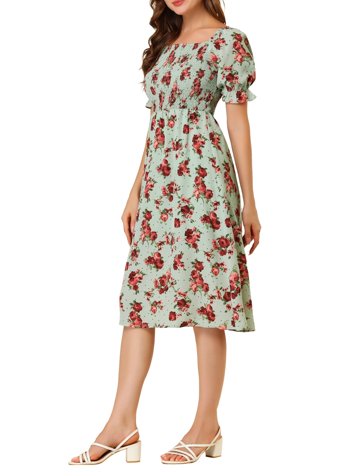 DARING DIVA Square Neck Puff Sleeves Smocked Waist Midi Floral Dres S Green