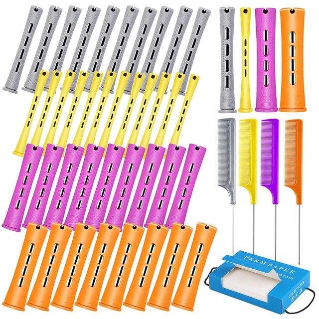 48 Pieces Multicolor Hair Perm Rods, 0.35 Inch/3.3 Inch Curler Perm Rods Cold Wave Perming Rods with 4 Steel Pintail Comb and 300 Pieces Perm Paper, for Hairdressing Styling