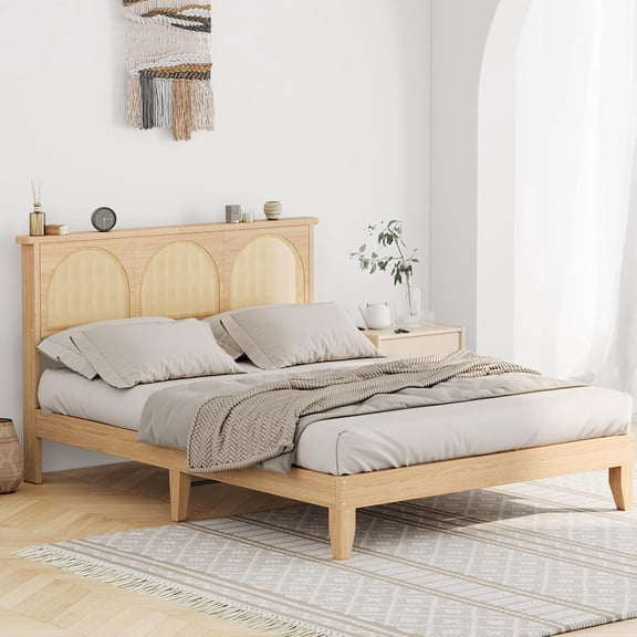 Rattan Platform Bed Frame with Built-in storage headboard keeps essentials organized and within reach, wood slats provide sturdy support for Bedroom,Full