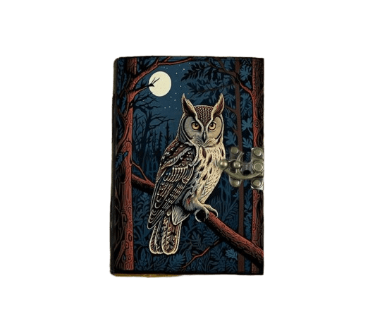 Handmade Leather Journal with Owl Artwork – 5" x 7", Deckle-Edge Paper – Vintage Artistic Notebook